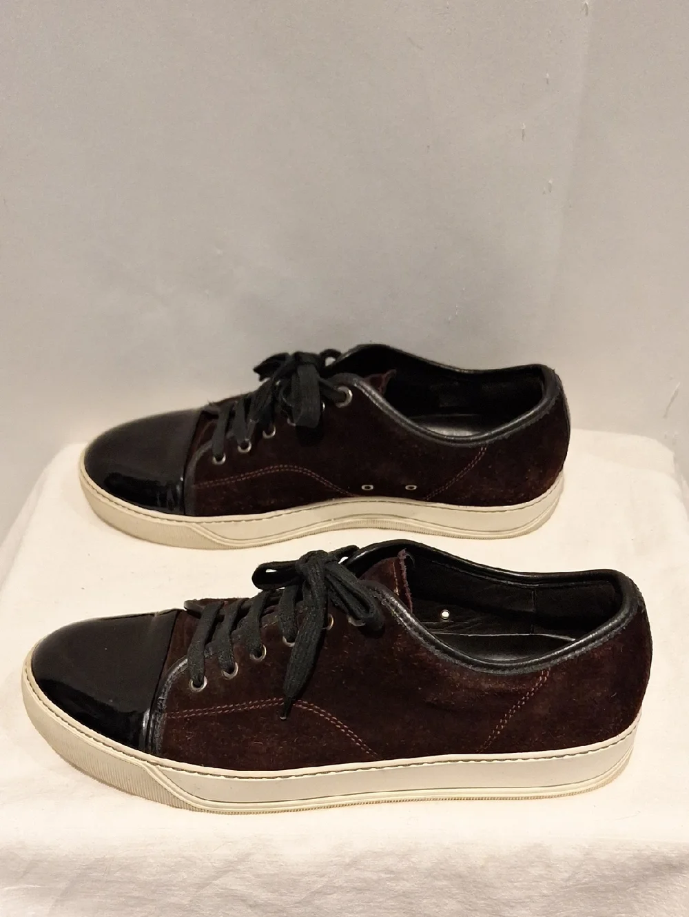 Lanvin Men's Brown Suede and Black Patent Leather Toe Cap Low-Top Sneakers